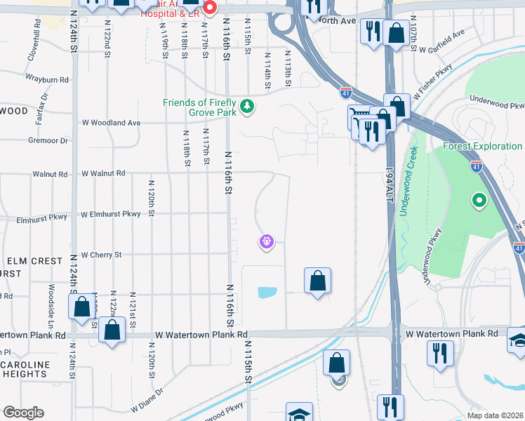 map of restaurants, bars, coffee shops, grocery stores, and more near 1600 Rivers Bend in Wauwatosa