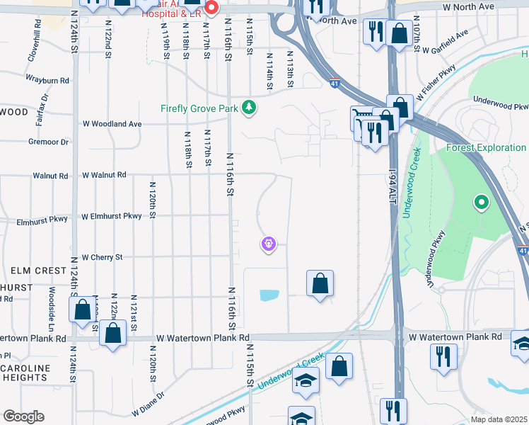 map of restaurants, bars, coffee shops, grocery stores, and more near 1600 Rivers Bend in Wauwatosa