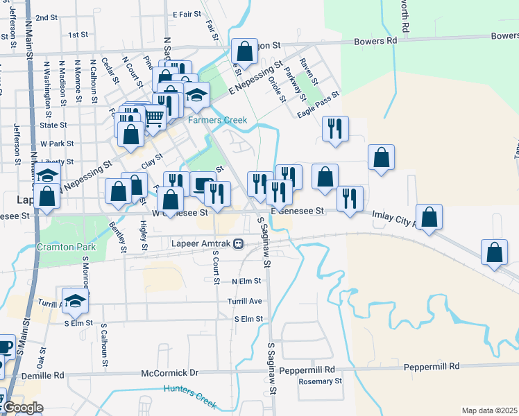 map of restaurants, bars, coffee shops, grocery stores, and more near 61 North Saginaw Street in Lapeer