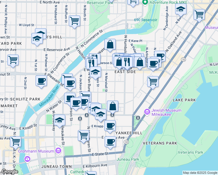 map of restaurants, bars, coffee shops, grocery stores, and more near 1641 North Astor Street in Milwaukee