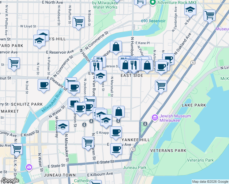 map of restaurants, bars, coffee shops, grocery stores, and more near 1620 North Marshall Street in Milwaukee
