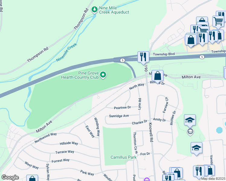 map of restaurants, bars, coffee shops, grocery stores, and more near 4045 Milton Avenue in Camillus