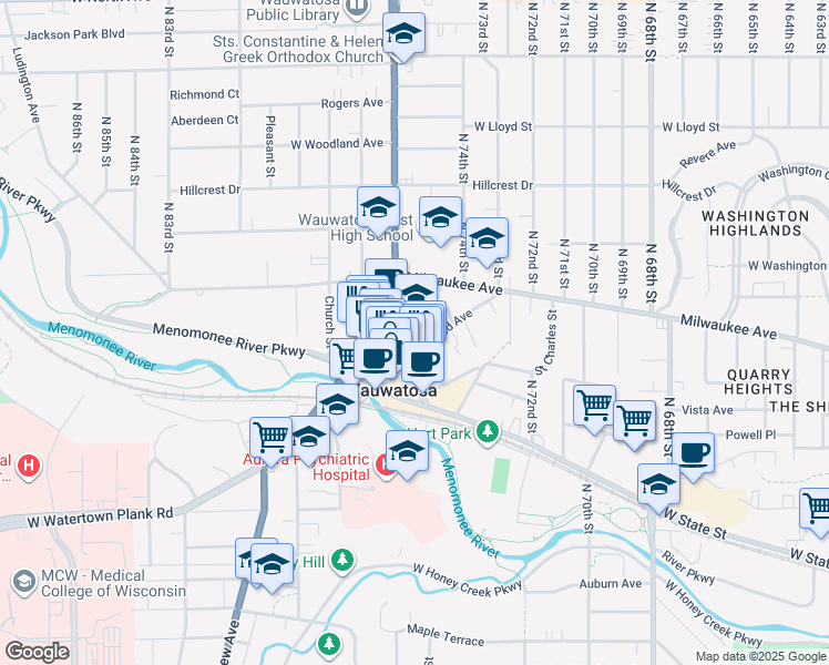 map of restaurants, bars, coffee shops, grocery stores, and more near 7474 Harwood Avenue in Wauwatosa