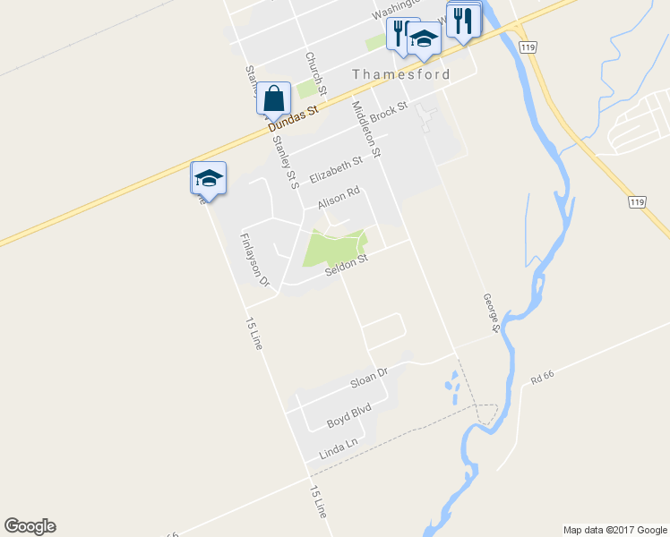 map of restaurants, bars, coffee shops, grocery stores, and more near 244 Seldon Street in Thamesford
