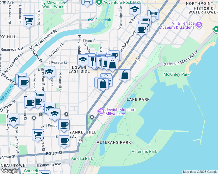 map of restaurants, bars, coffee shops, grocery stores, and more near 1580 North Farwell Avenue in Milwaukee