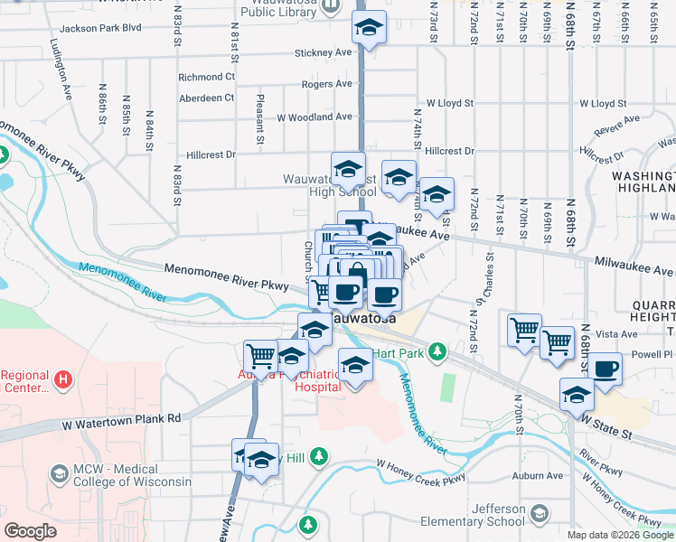 map of restaurants, bars, coffee shops, grocery stores, and more near 1529 Wisconsin 181 in Wauwatosa
