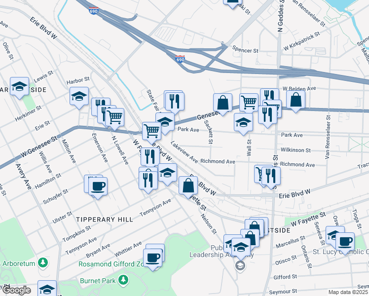 map of restaurants, bars, coffee shops, grocery stores, and more near 342 Apple Street in Syracuse