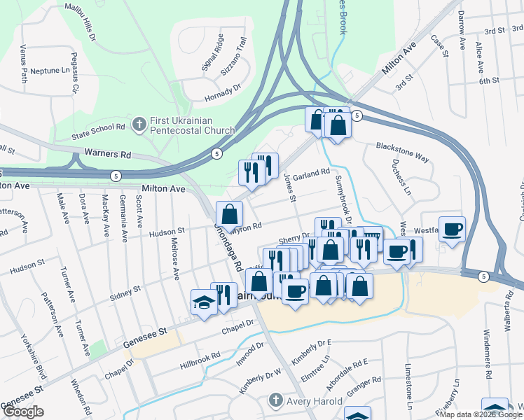 map of restaurants, bars, coffee shops, grocery stores, and more near 109 Wilmont Road in Syracuse