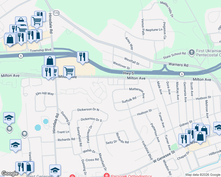 map of restaurants, bars, coffee shops, grocery stores, and more near 5001-5029 Oak Crest Courtyard in Syracuse