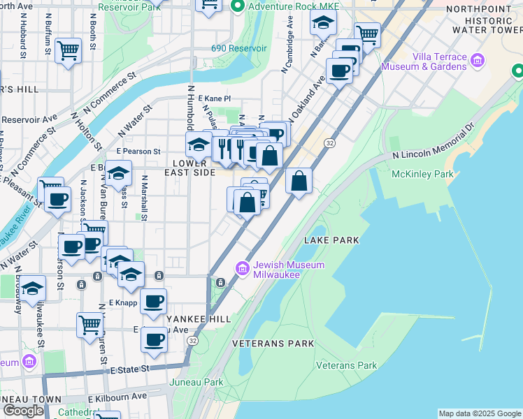 map of restaurants, bars, coffee shops, grocery stores, and more near 1601 North Farwell Avenue in Milwaukee