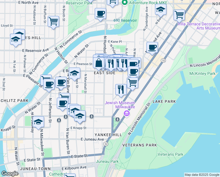 map of restaurants, bars, coffee shops, grocery stores, and more near 1637 North Franklin Place in Milwaukee