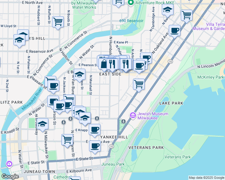 map of restaurants, bars, coffee shops, grocery stores, and more near 1637 North Humboldt Avenue in Milwaukee