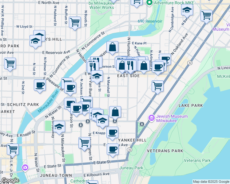 map of restaurants, bars, coffee shops, grocery stores, and more near 1641 North Astor Street in Milwaukee