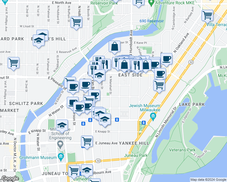 map of restaurants, bars, coffee shops, grocery stores, and more near 1641 North Astor Street in Milwaukee