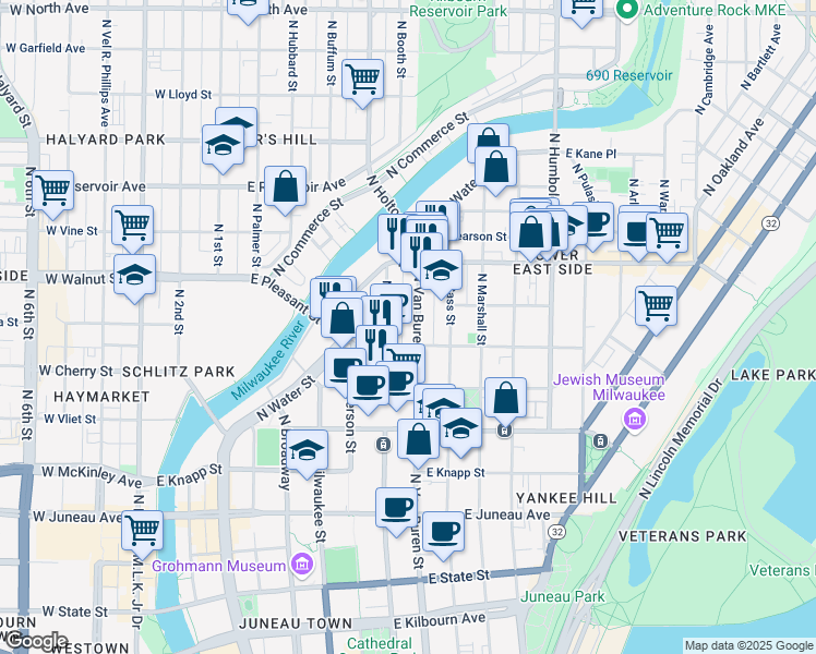map of restaurants, bars, coffee shops, grocery stores, and more near 1634 North Jackson Street in Milwaukee