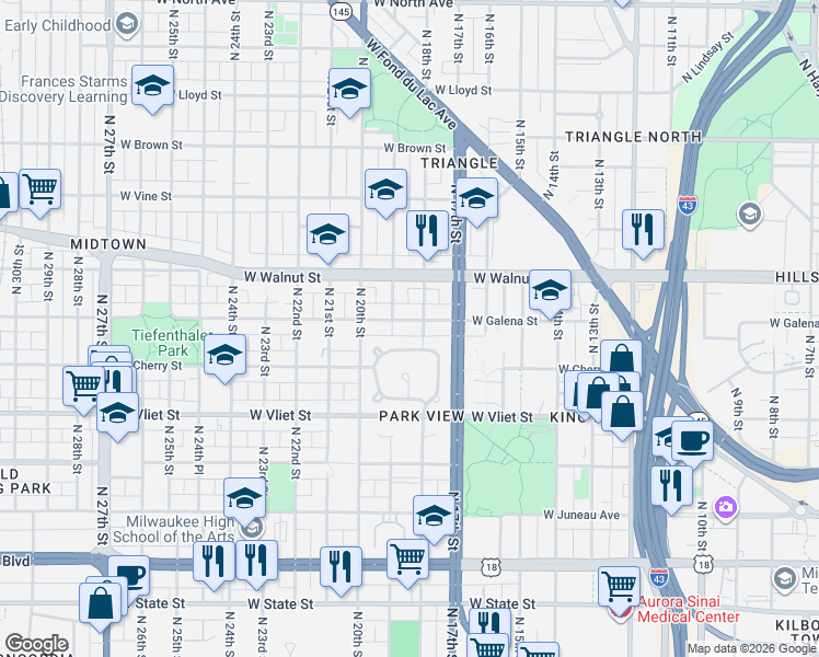map of restaurants, bars, coffee shops, grocery stores, and more near 1818 West Galena Street in Milwaukee