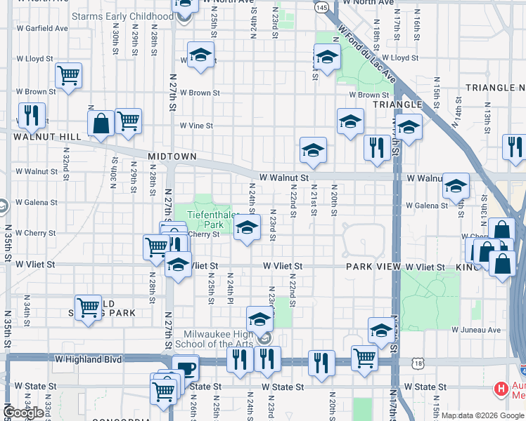 map of restaurants, bars, coffee shops, grocery stores, and more near 2316 West Galena Street in Milwaukee