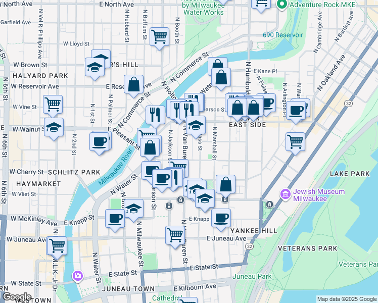 map of restaurants, bars, coffee shops, grocery stores, and more near 728 East Pleasant Street in Milwaukee