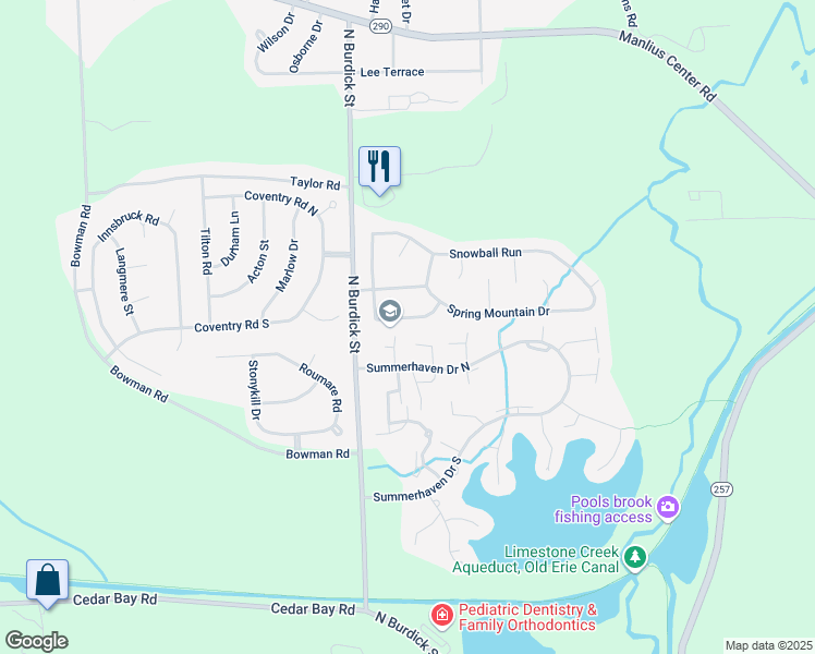 map of restaurants, bars, coffee shops, grocery stores, and more near 7257 Leafcrest Lane in East Syracuse