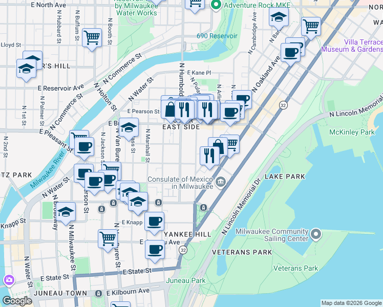 map of restaurants, bars, coffee shops, grocery stores, and more near 1621 North Franklin Place in Milwaukee