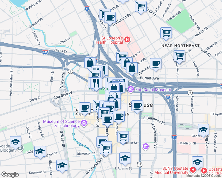 map of restaurants, bars, coffee shops, grocery stores, and more near 114-18 North Salina Street in Syracuse