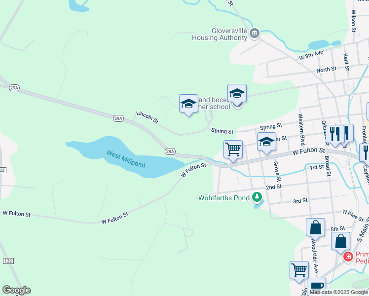 map of restaurants, bars, coffee shops, grocery stores, and more near 34 Rose Street in Gloversville