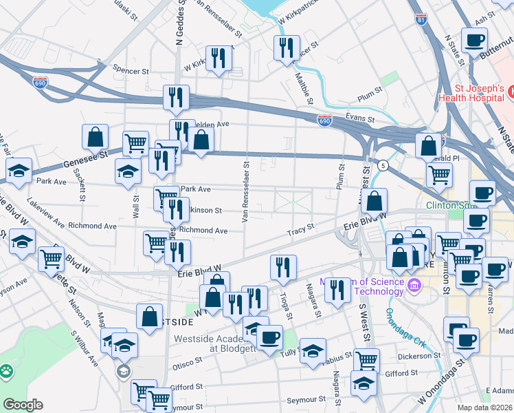 map of restaurants, bars, coffee shops, grocery stores, and more near 314 Wilkinson Street in Syracuse