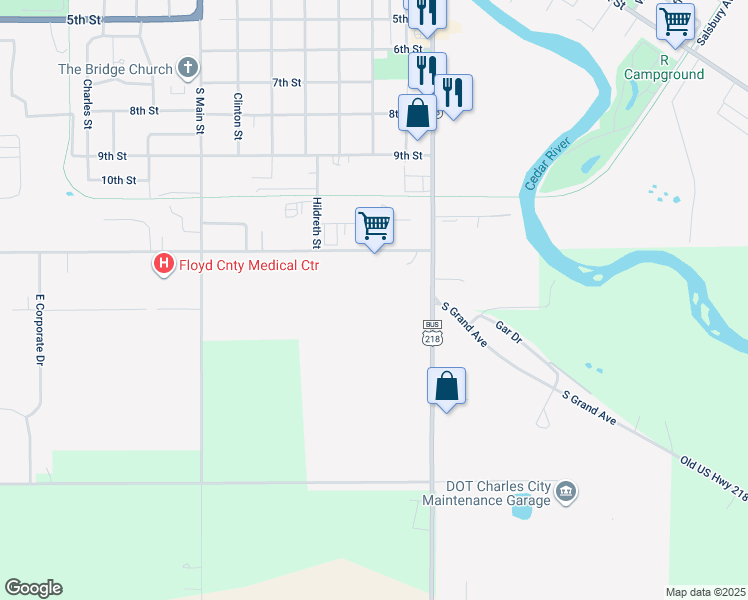 map of restaurants, bars, coffee shops, grocery stores, and more near 1405 South Grand Avenue in Charles City