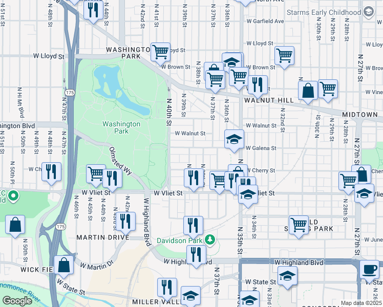 map of restaurants, bars, coffee shops, grocery stores, and more near 3831 West Galena Street in Milwaukee