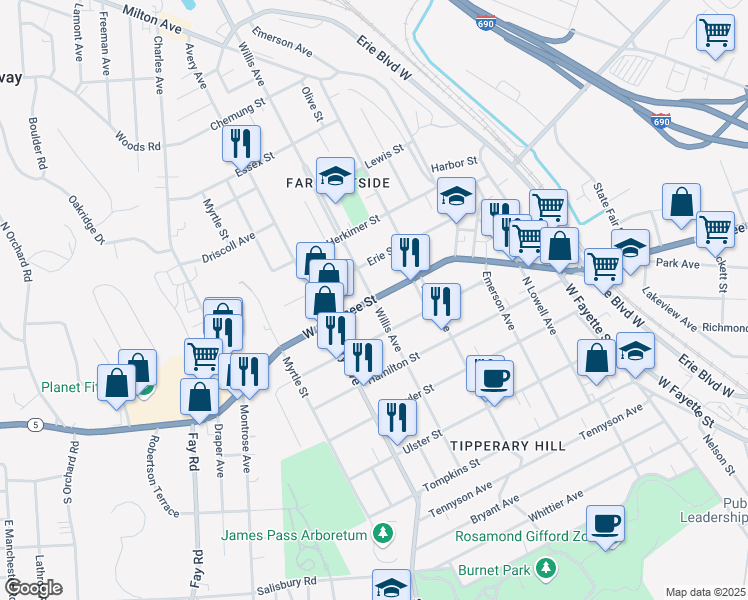 map of restaurants, bars, coffee shops, grocery stores, and more near 1799 West Genesee Street in Syracuse