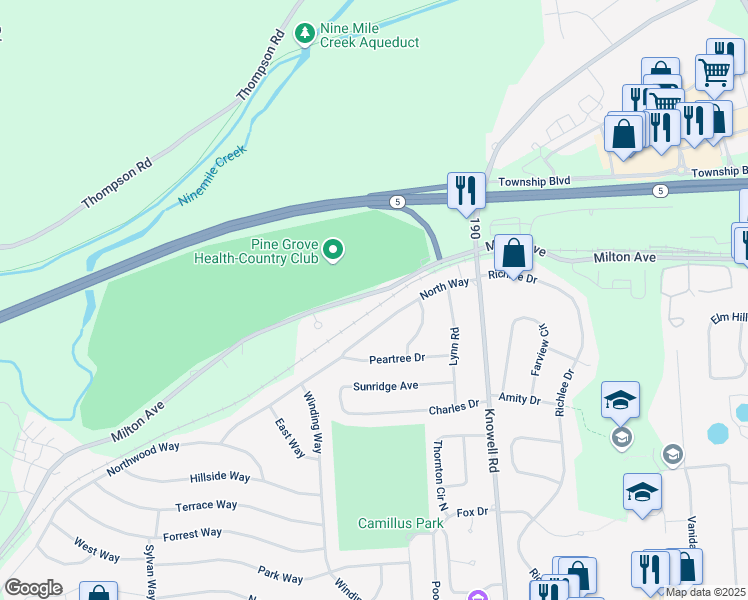 map of restaurants, bars, coffee shops, grocery stores, and more near 4045 190 in Camillus