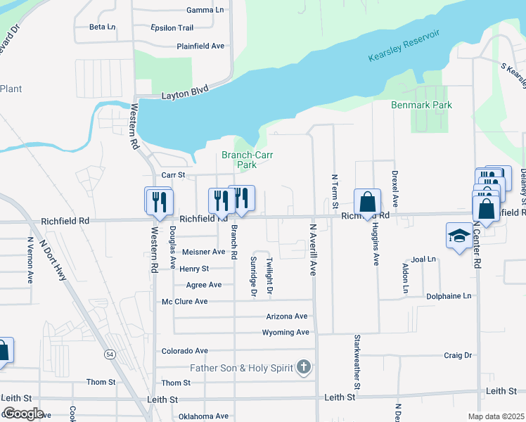 map of restaurants, bars, coffee shops, grocery stores, and more near 3171 Richfield Road in Flint