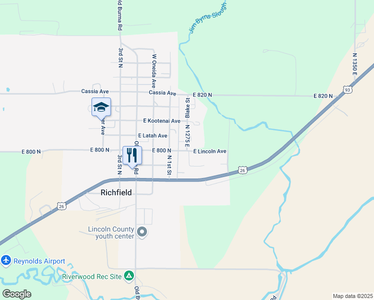 map of restaurants, bars, coffee shops, grocery stores, and more near 811 North 1275 East in Richfield