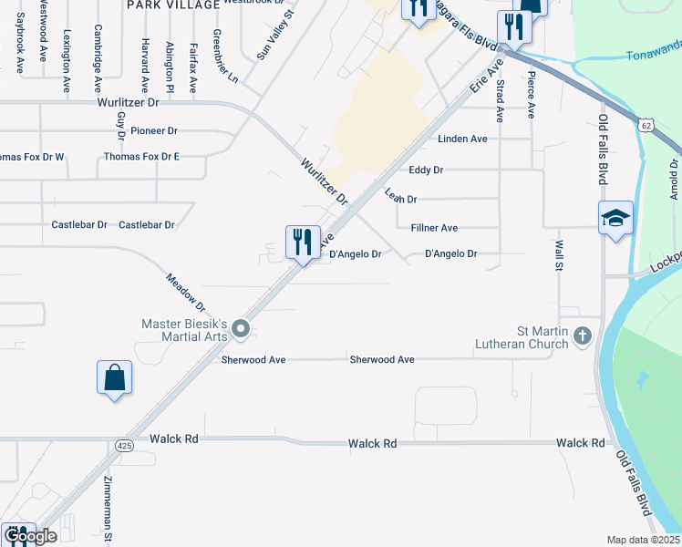 map of restaurants, bars, coffee shops, grocery stores, and more near 1329 D'Angelo Drive in North Tonawanda