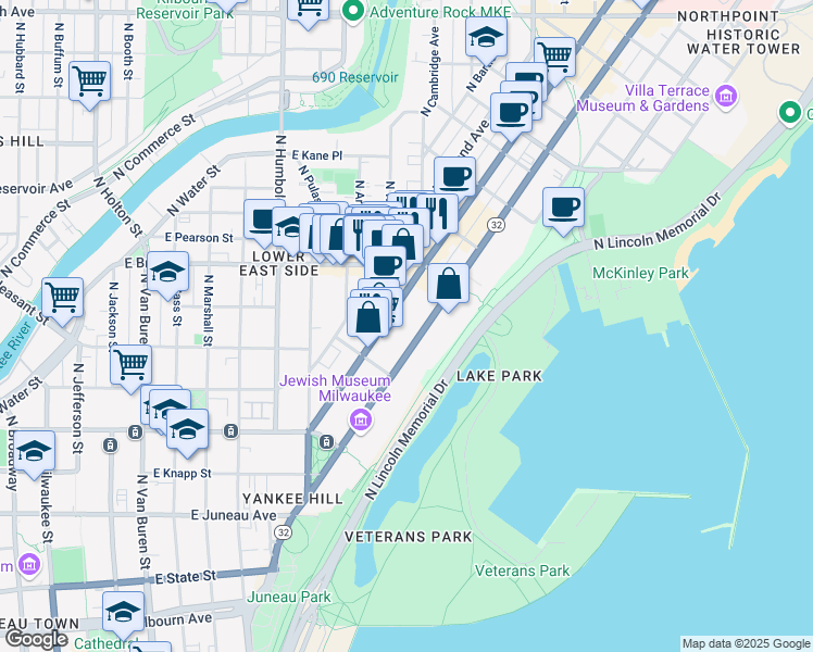 map of restaurants, bars, coffee shops, grocery stores, and more near 1609 North Prospect Avenue in Milwaukee