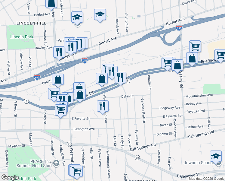 map of restaurants, bars, coffee shops, grocery stores, and more near 2030 Erie Boulevard East in Syracuse