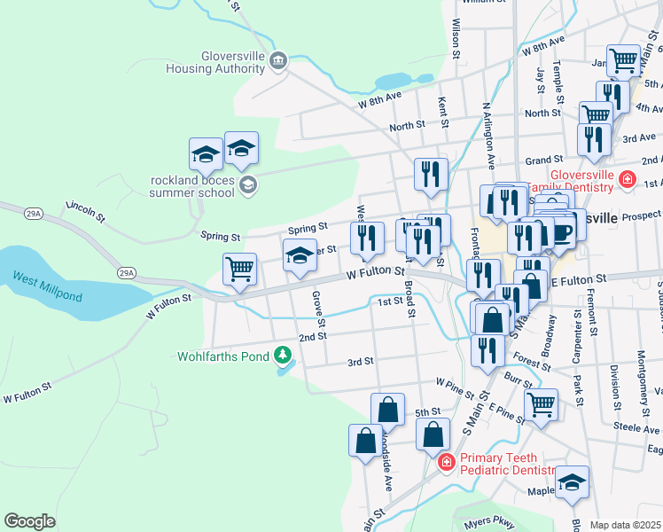 map of restaurants, bars, coffee shops, grocery stores, and more near 19 Summer Street in Gloversville