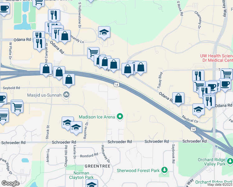 map of restaurants, bars, coffee shops, grocery stores, and more near 615 Forward Drive in Madison