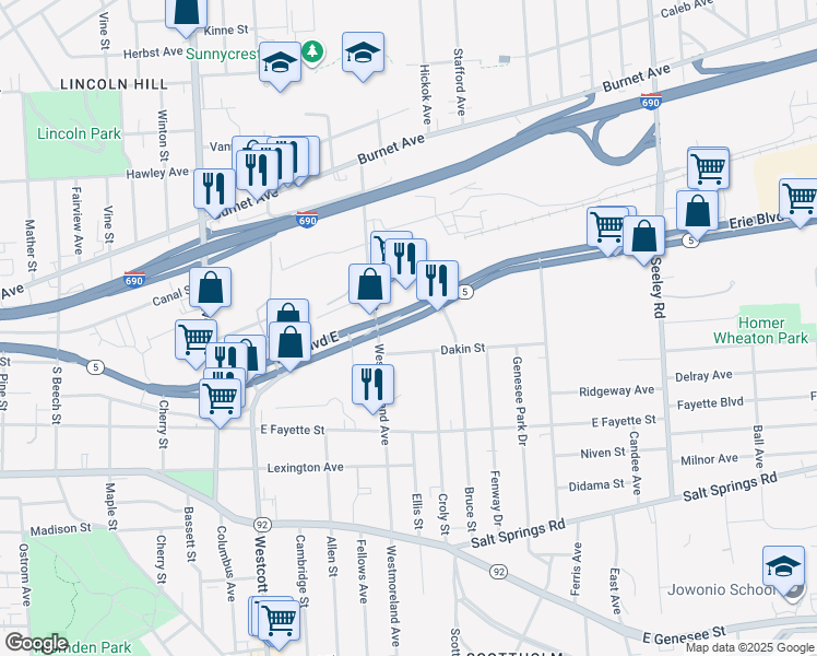 map of restaurants, bars, coffee shops, grocery stores, and more near 2015 Erie Boulevard East in Syracuse