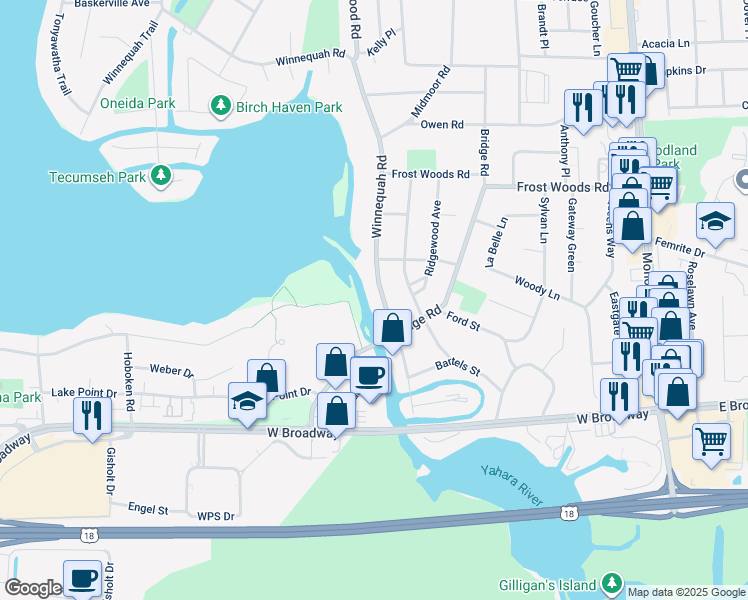 map of restaurants, bars, coffee shops, grocery stores, and more near 6211 Winnequah Road in Monona