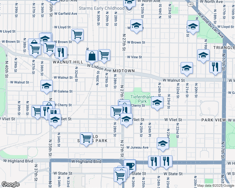 map of restaurants, bars, coffee shops, grocery stores, and more near in Milwaukee