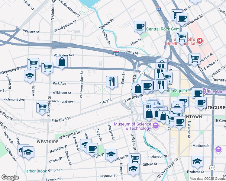 map of restaurants, bars, coffee shops, grocery stores, and more near 120 Wilkinson Street in Syracuse