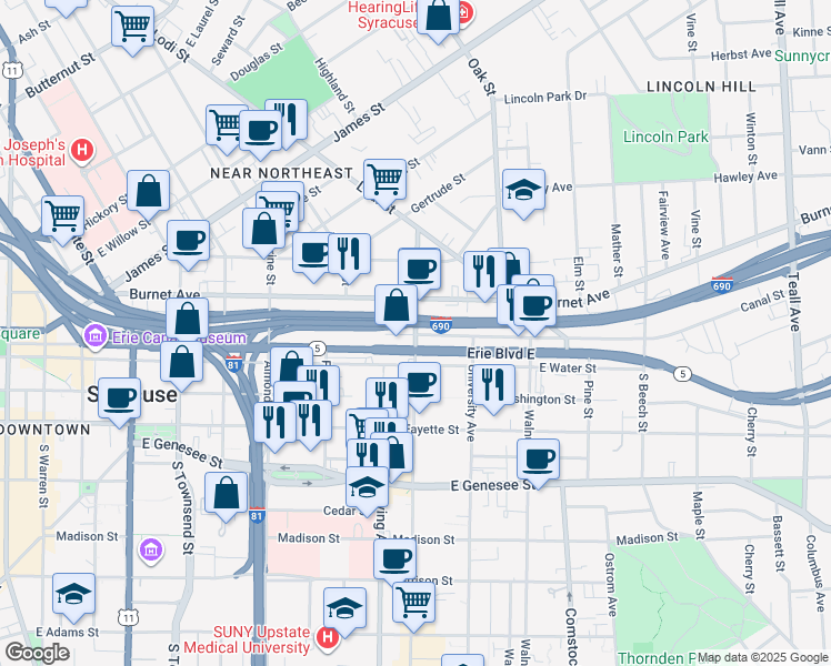 map of restaurants, bars, coffee shops, grocery stores, and more near 141 North Crouse Avenue in Syracuse