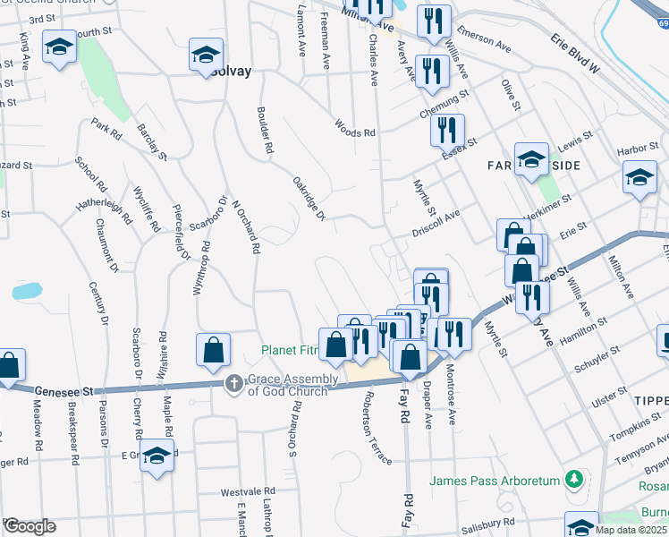 map of restaurants, bars, coffee shops, grocery stores, and more near 32 Heritage Circle in Syracuse