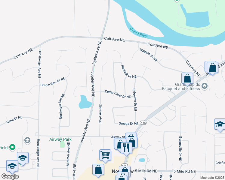 map of restaurants, bars, coffee shops, grocery stores, and more near 2381 Cedar Crest Drive Northeast in Grand Rapids