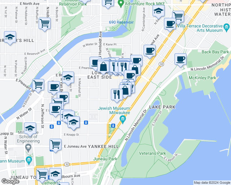 map of restaurants, bars, coffee shops, grocery stores, and more near 1585 North Warren Avenue in Milwaukee