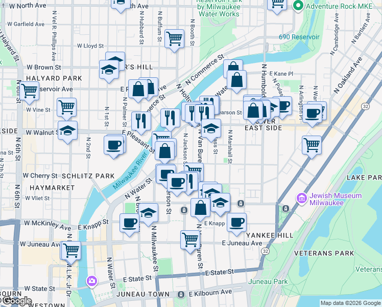 map of restaurants, bars, coffee shops, grocery stores, and more near 1634 North Jackson Street in Milwaukee