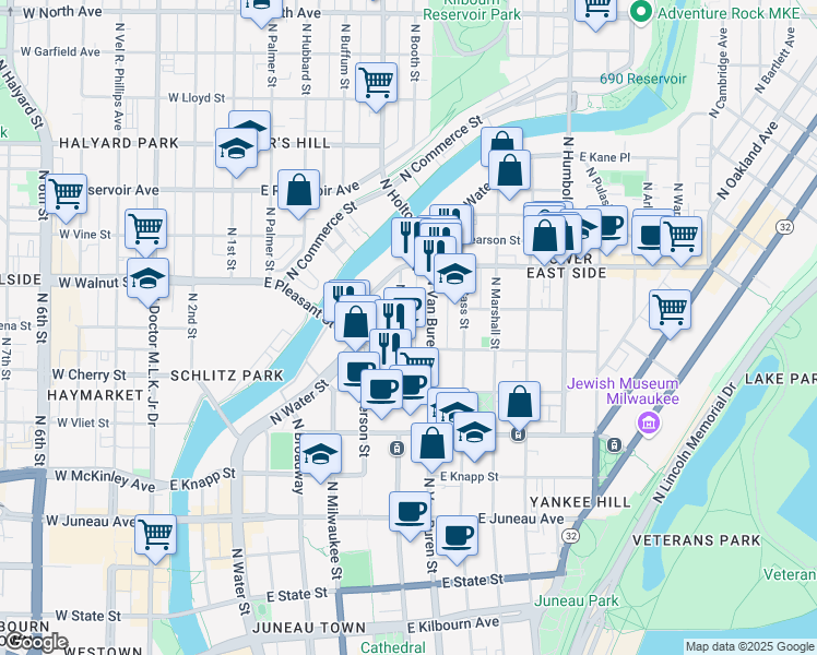 map of restaurants, bars, coffee shops, grocery stores, and more near 1634 North Jackson Street in Milwaukee