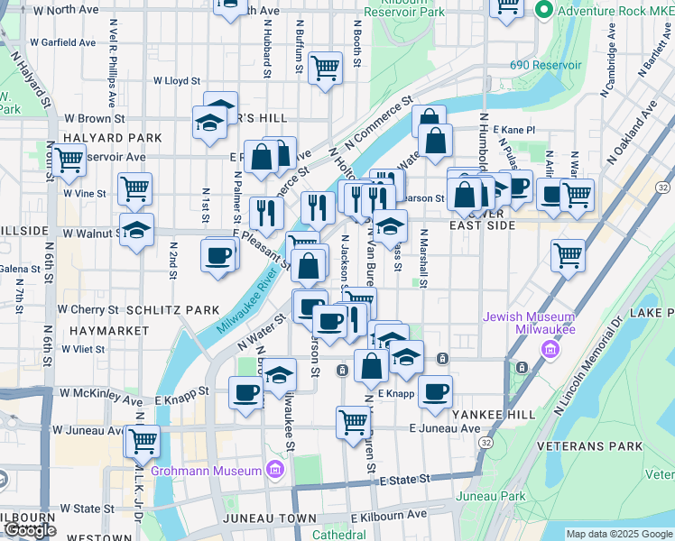 map of restaurants, bars, coffee shops, grocery stores, and more near 1634 North Jackson Street in Milwaukee