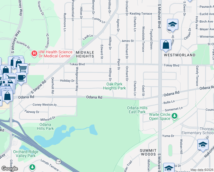 map of restaurants, bars, coffee shops, grocery stores, and more near 633 Hilltop Drive in Madison